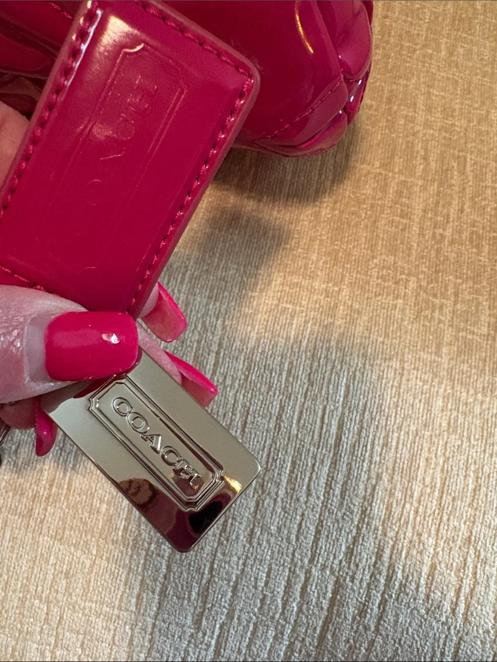 Rare Coach Hot Pink Patent Quilted Shoulder Bag with Silver Chain Straps. - Picture 9 of 15
